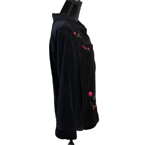 Quacker Factory Medium Rhinestone Rose Embroidered Black Velvet Shacket Top VTG - Picture 4 of 11
